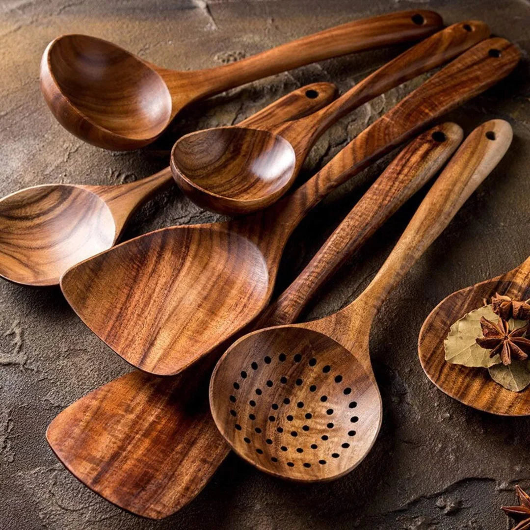Carved Teak Wooden Cooking Set | 7 Utensils