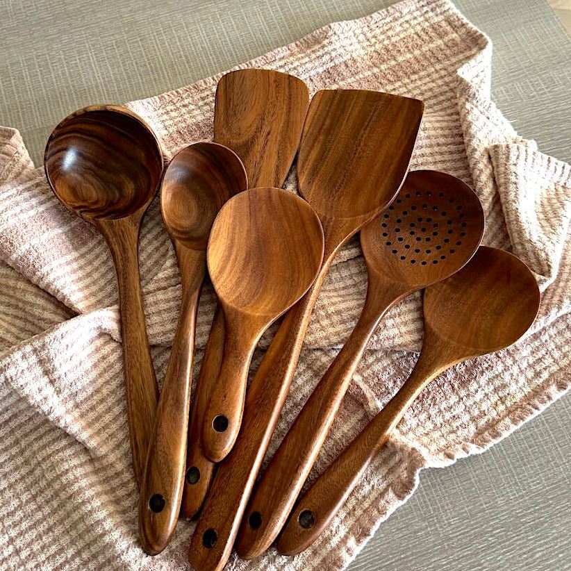 Carved Teak Wooden Cooking Set | 7 Utensils