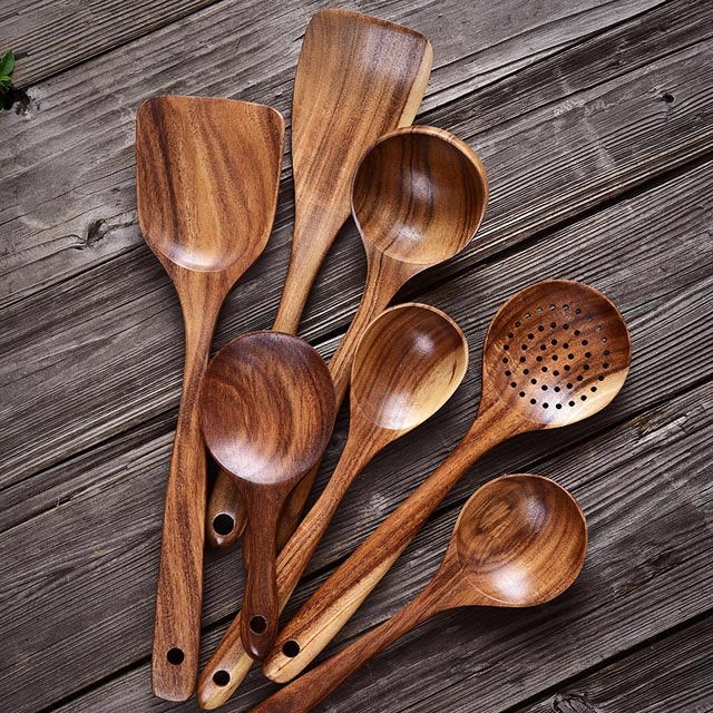 Carved Teak Wooden Cooking Set | 7 Utensils