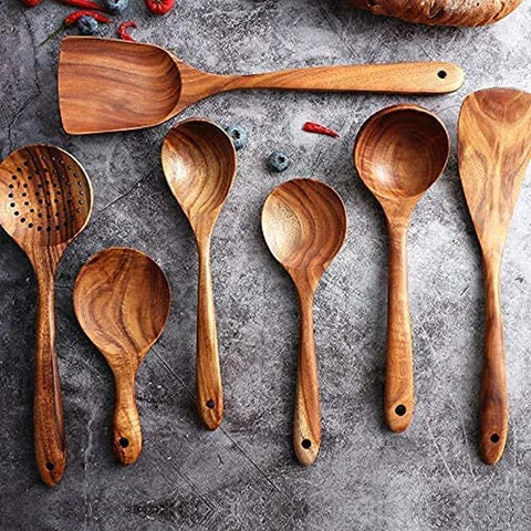Carved Teak Wooden Cooking Set | 7 Utensils